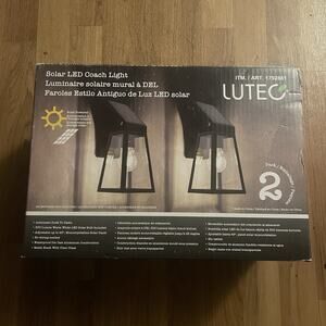LUTEC 2 Pk Solar Porch Coach Light Wireless Outdoor Dusk Dawn Matte Black Glass